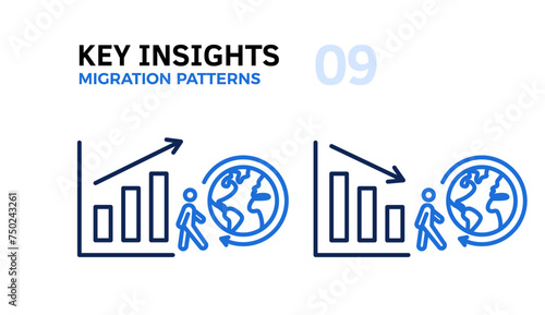 Global Migration Dynamics: Globe with Circle and Walking Person with Graphs Going Up and Down Arrow Thin Line Icon, Vector Illustration of Contemporary Migration Pattern Trends Graphic