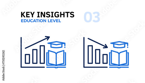 Education Level Trends Analysis: Graphs Going Up and Down with an Arrow and a Book and Academic Hat Thin Line Icon, Vector Illustrations of Population Learning Achievement and Literacy Graphics