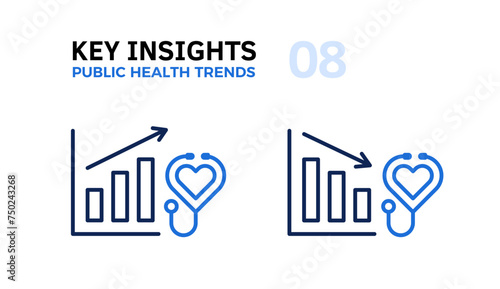 Public Health Trends Analysis: Heart with Stethoscope and Graphs Going Up and Down with an Arrow Thin Line Icon, Vector Illustration of Healthcare Statistics Graphic