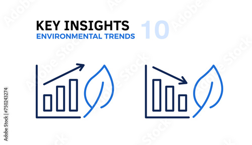 Environmental Trends and Policy Impact Analysis: Leaf with Graphs Going Up and Down Arrow Thin Line Icon, Vector Illustration of Eco Sustainability Graphic