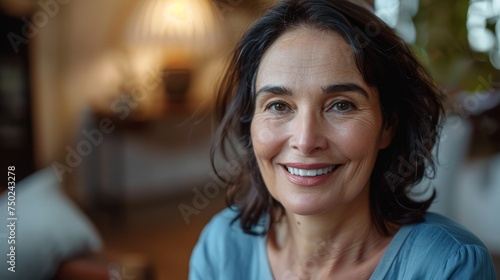 Active beautiful middle aged woman smiling friendly and looking in camera in living room. Woman's face closeup.