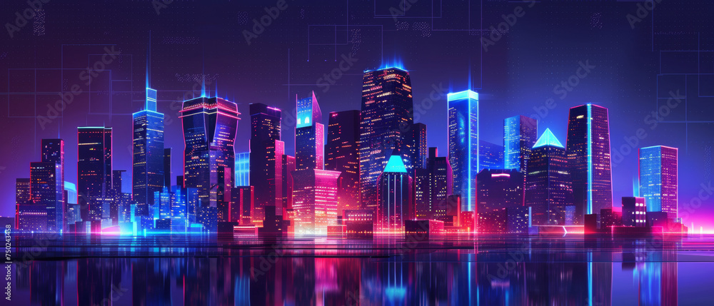 A wide-angle digital rendition of a futuristic cityscape bathed in neon lights and modern architecture A wide-angle digital rendition of a futuristic cityscape bathed in neon lights and modern architecture