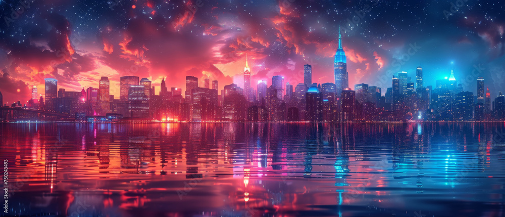 Breathtaking twilight cityscape with starry night and dramatic clouds reflecting over water