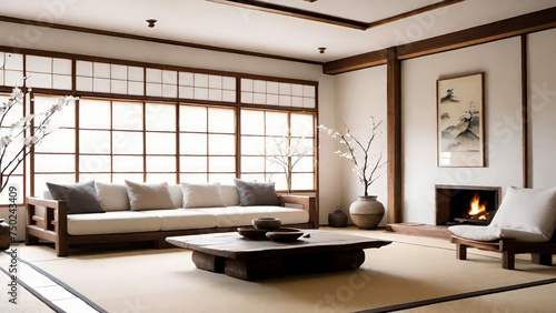 Wabi-Sabi interior of living room.Japanese minimalism and simplicity philosophy style. Generative AI