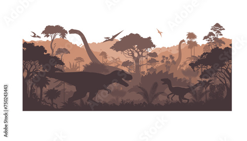 Vector prehistoric seamless jungle background with dinosaurs: Tyrannosaurus, utahraptor,  stegosaurus, brontosaurus and pterodactyl photo