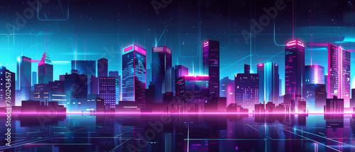 A vibrant city skyline enhanced by digital grid lines highlighting the urban landscape