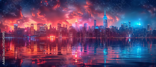 Breathtaking twilight cityscape with starry night and dramatic clouds reflecting over water