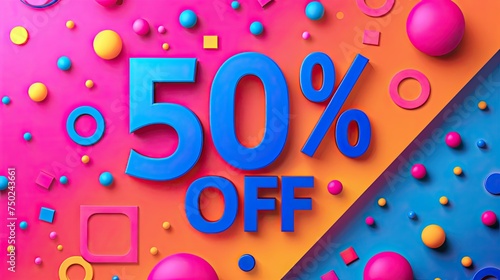 A vibrantly colored image featuring a bold 50% off text amidst geometric shapes, symbolizing strong discounts and a playful shopping atmosphere