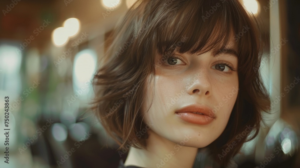 Haircut. Beautiful woman cut her hair. Women's haircut and hairdresser. Bangs hair. Close up hairstyle with bangs Haircut. Beautiful woman cut her hair. Women's haircut and hairdresser. Bangs hair. Close up hairstyle with bangs