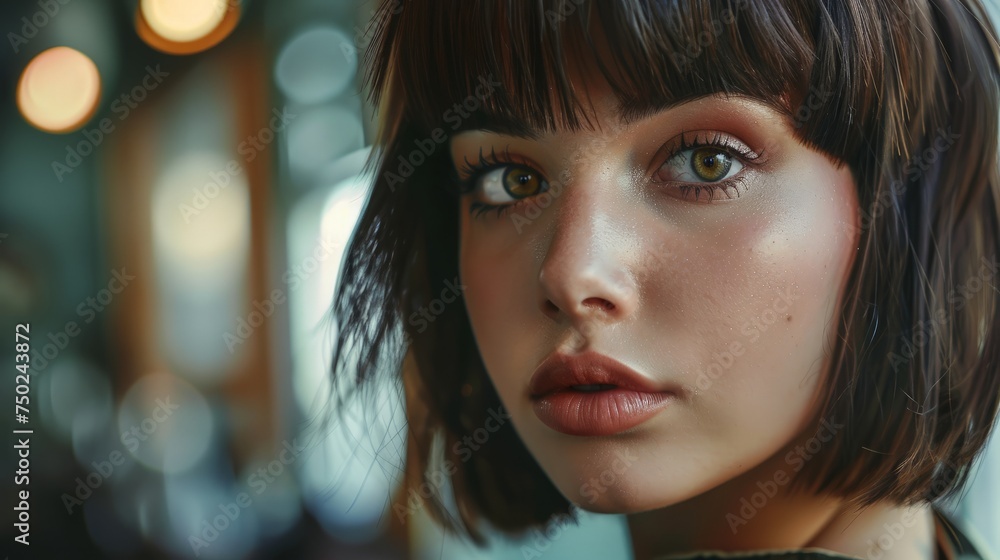 Haircut. Beautiful woman cut her hair. Women's haircut and hairdresser. Bangs hair. Close up hairstyle with bangs Haircut. Beautiful woman cut her hair. Women's haircut and hairdresser. Bangs hair. Close up hairstyle with bangs