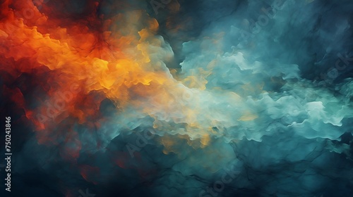Abstract wallpaper blends fiery red-orange and cool blue tones, creating an ethereal clash of elements. Flames meeting water or smoke.