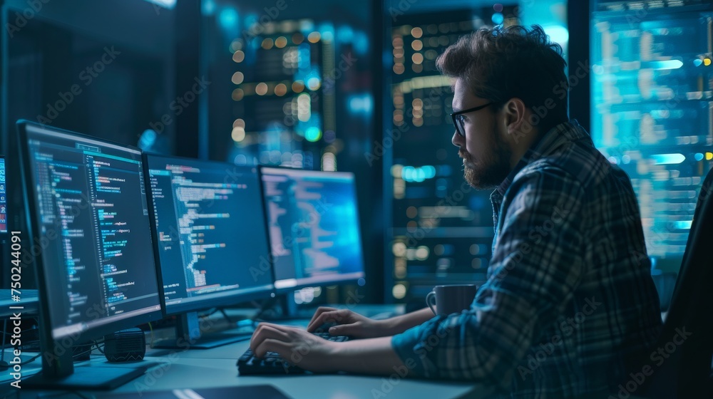 Programmer, web developer, designer working at office comparing mobile and desktop website versions Programmer, web developer, designer working at office comparing mobile and desktop website versions