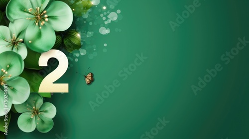 number 2 and white flowers on a green background. birthday invitation card. spring and holiday.
