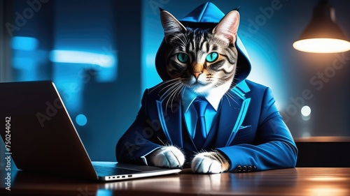 cat businessman in a blue suit sits at the table and works on a laptop. Business concept.Businessman makes money. Finance and cryptocurrency tables.