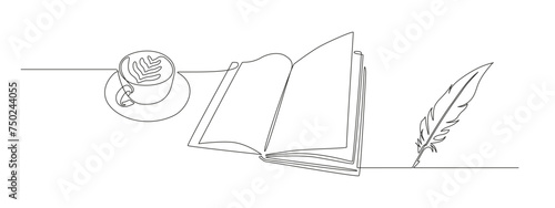 One continuous line drawing of bird feather with book and coffee. Writer and poetry symbol logo in simple linear style. Quill pen with diary in editable stroke. Doodle contour vector illustration