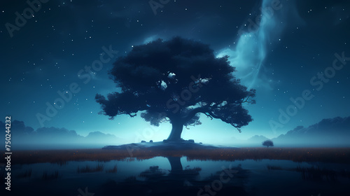 A lone tree stands in an empty field under a starry night sky