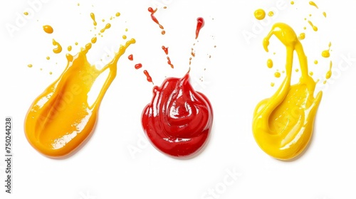 Splashes of tomato ketchup, mayonnaise and mustard isolated on white background, top view