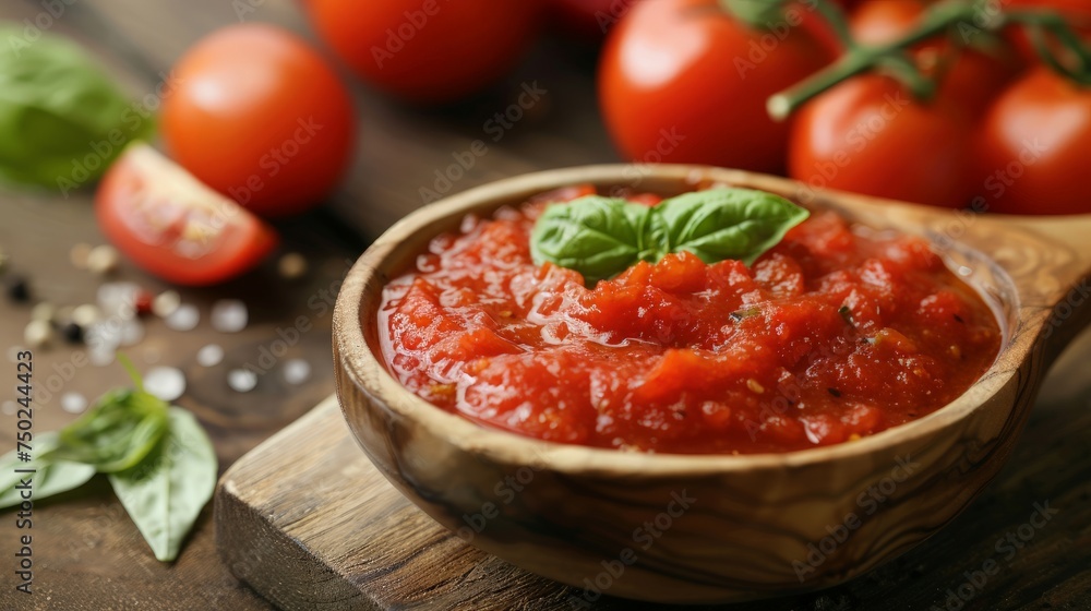 Tomato sauce in wooden spoon Tomato sauce in wooden spoon