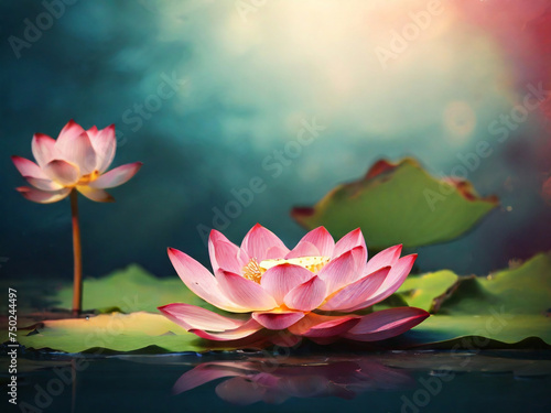 GENERATIVE AI  A beautiful pink waterlily or lotus flower in pond