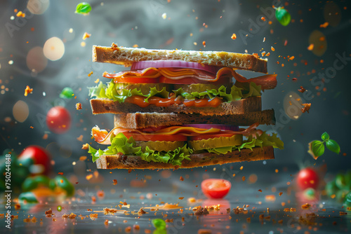 Club Sandwich, Fresh club sandwich in the air. Professional food photography. Elevated sandwich.
