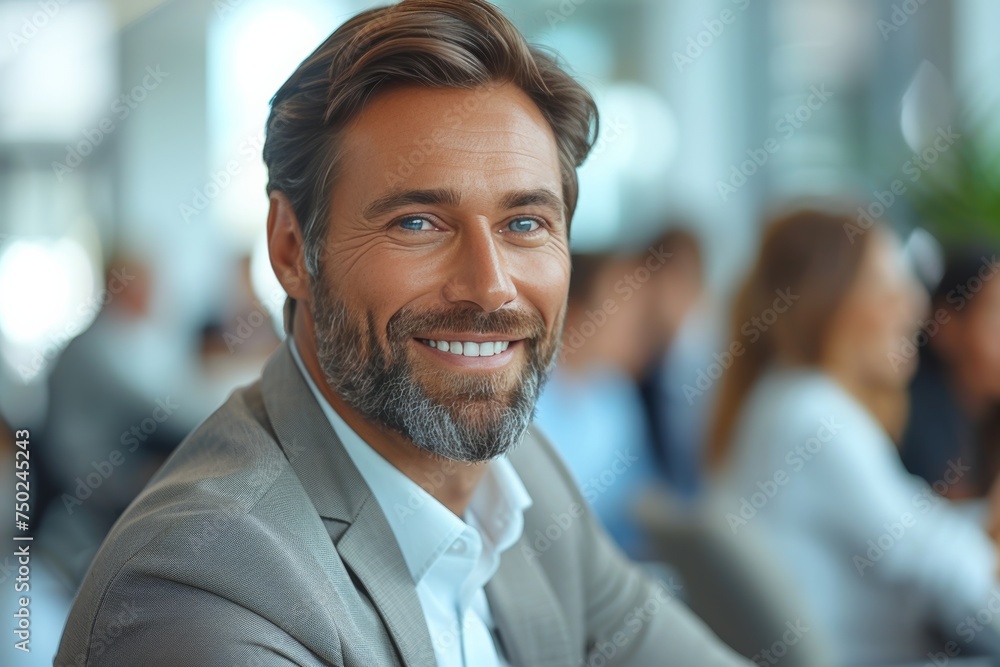 Smiling executive in modern office, epitomizing business accomplishment Smiling executive in modern office, epitomizing business accomplishment