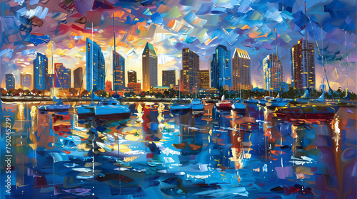 Horizontal oil painting of the San Diego skyline. Generative AI