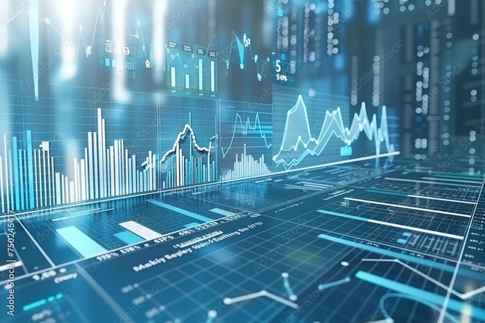 A futuristic financial data chart with glowing blue lines and graphs representing stock market trends and business analytics. A futuristic financial data chart with glowing blue lines and graphs representing stock market trends and business analytics.