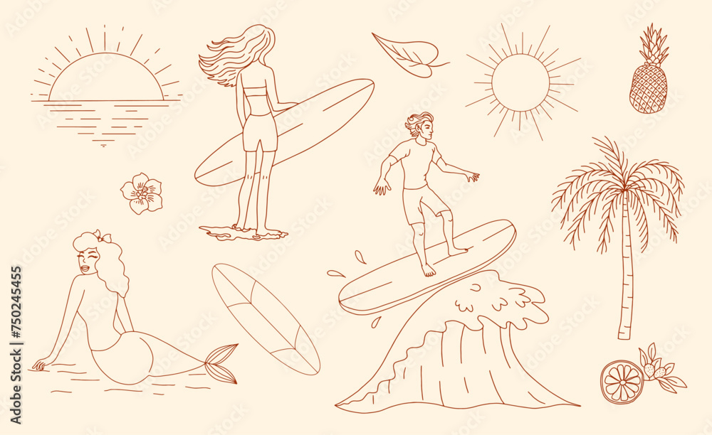 Set of vector beach and vacation elements. Retro style Set of vector beach and vacation elements. Retro style