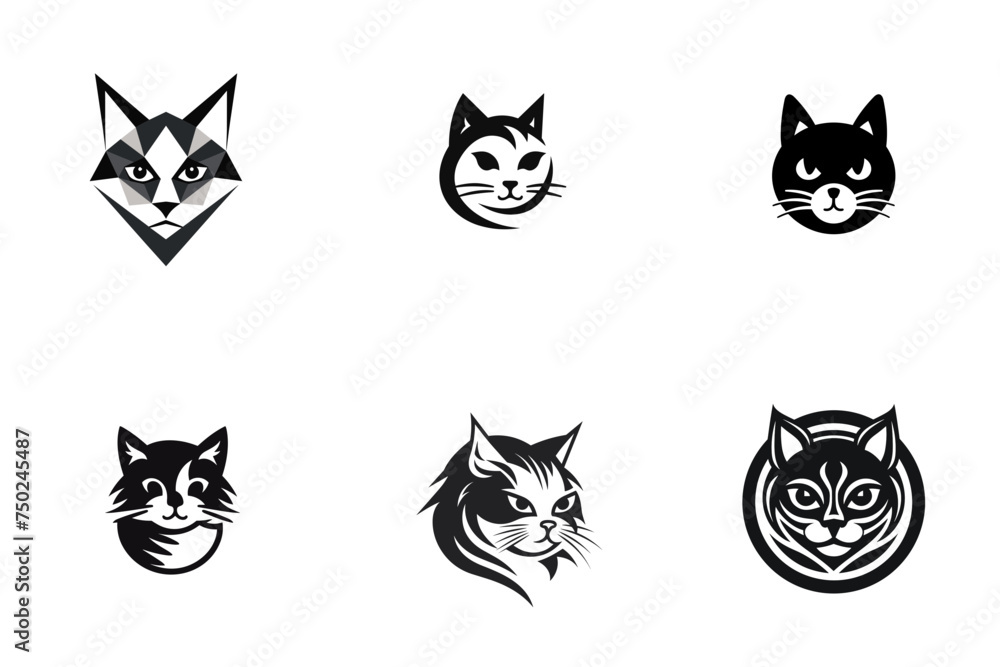 set of cat head black and white vector illustration isolated transparent background, logo, cut out or cutout t-shirt print design, poster, products or packaging design.c