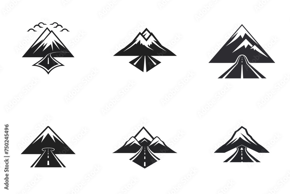 mountain pics and road black and white vector illustration isolated transparent background, logo, cut out or cutout t-shirt print design,  poster, baby products, packaging design - obrazy, fototapety, plakaty 