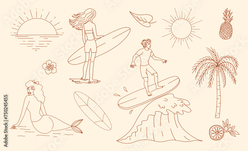 Set of vector beach and vacation elements. Retro style
