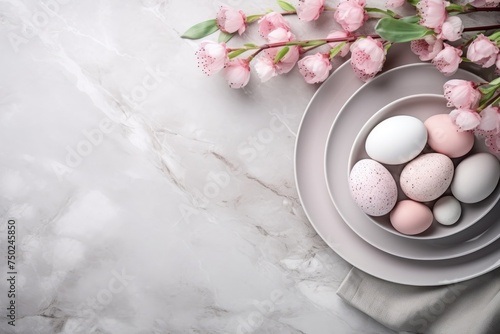 White Plate With Eggs Beside Pink Flowers