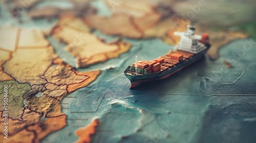 Containerschiff auf einer abstrakten Landkarte, Konzept Handel und Globalisierung photo