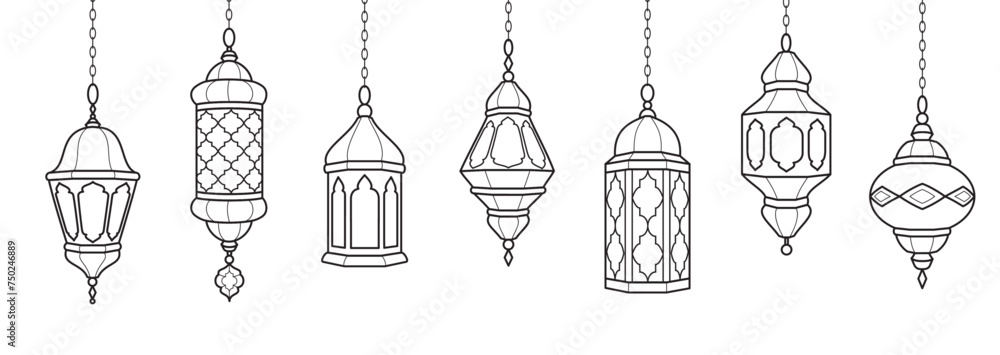Ramadan lanterns decoration. Islamic celebration border. Hanging traditional eastern lamps isolated on white. Muslim holidays garland. Vector