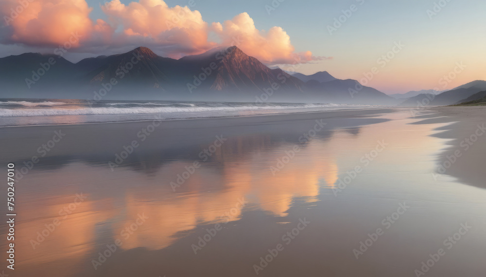 Reflection of clouds in coastal sand on the ocean shore with mountains on the horizon at sunrise