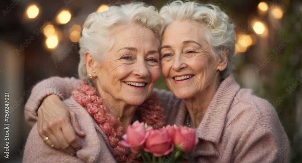 Happy loving senior lesbian couple - obrazy, fototapety, plakaty 