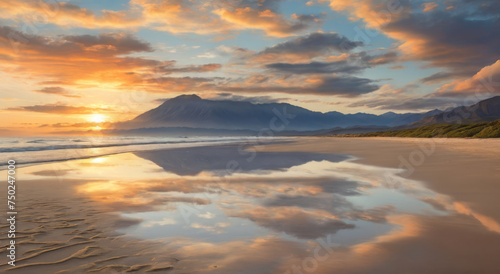 Reflection of clouds in coastal sand on the ocean shore with mountains on the horizon at sunset