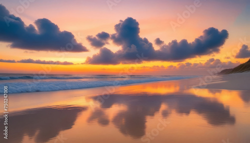 Reflection of clouds in coastal sand on the ocean shore at sunset © Polina