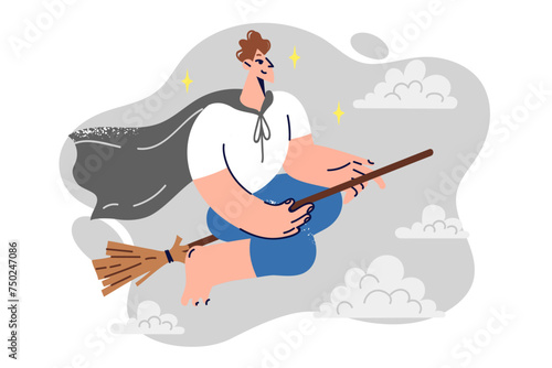 Boy from school for young wizards flies on broom among clouds, fantasizing about magic in sleep