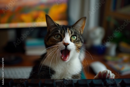 Erschrockene und überraschte Katze mit offenem Mund, Konzept Überraschung