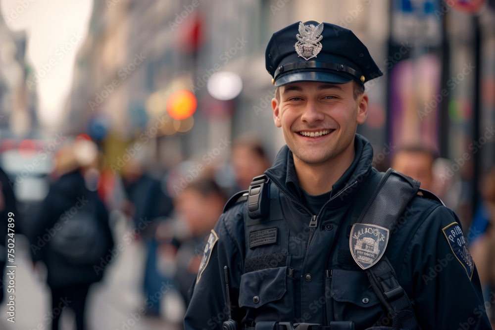 Smiling Police Officer on Busy Street
