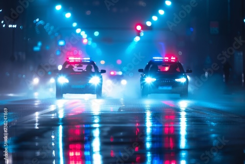 Two Police Cars Driving Down Street at Night