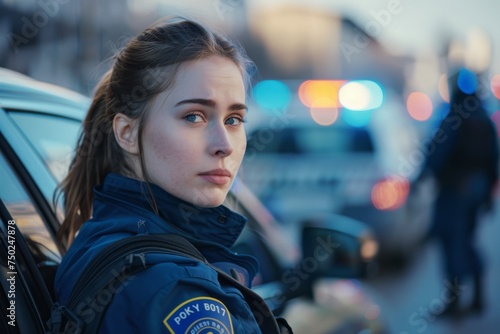 Female Police Officer Standing by Car