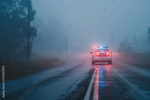 Police Car Driving Through Foggy Road