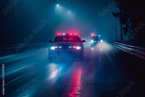 Police Cars Patrolling Foggy Night Street