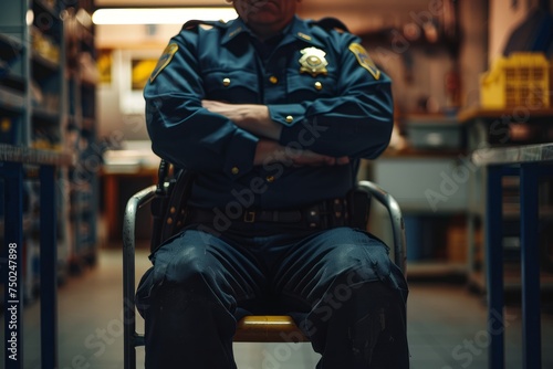 Police Officer Sitting in Warehouse Chair