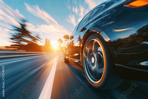 Black Car Speeding on Highway at Sunset
