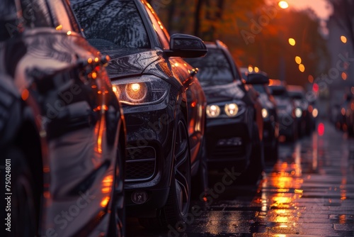 Row of Parked Cars on Wet Street