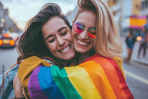 Joyful Embrace in Rainbow Colors. Two happy women hugging, one wrapped in a rainbow flag, on a city street