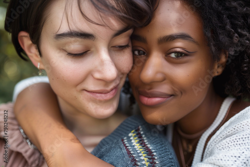 portrait of mixed race lgbt couple enjoying each others company